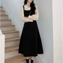 COSYEVNO 여성 스트라이프 허리 멜빵 긴팔 원피스
