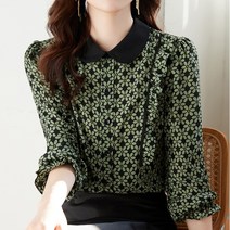퀸이즈 펀 라운드 카라 플라워 배색 블라우스