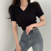 완다 꽈배기 니트 반팔 스웨터 탑