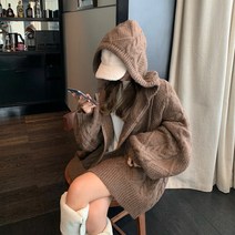 퓨어디아 여성 가오리 니트 배색 가디건 가을 겨울 겉옷 오버핏 니트 후드집업