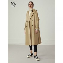 FSLE 100 코튼 카키 롱 여성 트렌치 코트 가을 겨울 턴 다운 칼라 의류 인과 풀 슬리브 벨트