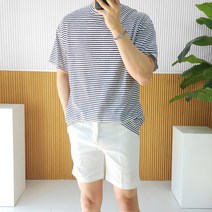 남자 여름 면 혼방 단가라 스트라이프 반팔 티셔츠