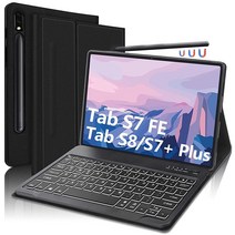 갤럭시 탭 S7 FE 12.4인치 케이스 키보드 포함 7가지 색상 백라이트 블루투스 탈착식 키보드 슬림 북 커버 삼성 S8+/S8 플러스/S7+/S7 플러스/S7 FE 다크, Galaxy Tab S8 Plus/S7 FE/S7 Pl, Galaxy Tab S8 Plus/S7 FE/S7 Pl