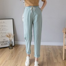 여성 캐주얼 하라주쿠 긴 발목 길이 바지 2022 여름 가을 대형 솔리드 탄성 허리 코튼 린넨 블랙 팬츠