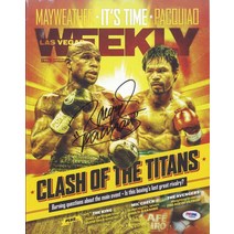 6계급 제패 왕자 매니·파카오 친필 사인 2015년 메이웨더전 직전 발매 주간 라스베가스 잡지 PSADNA사 필적 감정 증명서 시드 스타즈