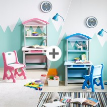 하이지니프로 2세트 책꽂이있는 유아책상의자 / 두아이를 위한 학습 놀이공간 풀세트 / 어린이날선물, 파스텔 핑크 핑크