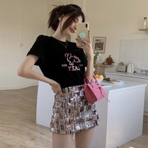 캐주얼 루즈핏 반팔 티셔츠 탑 스팽글 체크 머메이드 A라인 새틴 미니스커트 투피스세트