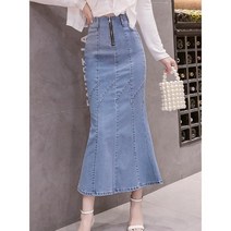 여자 여성 앞지퍼 데님 롱스커트