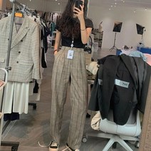 SJW 여성용 와이드 팬츠 깅엄 체크 긴바지 슬랙스 심플 클래식 봄가을 M~4XL