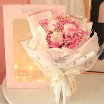아르띠콜로 안개꽃 드라이 플라워 비누 꽃다발   LED 램프   투명 쇼핑백, 핑크