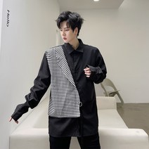 남성 비대칭 스티칭 반반 컬러 체크 페이크 긴팔 셔츠