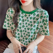 도니와 여성 라운드넥 플라워티셔츠 반팔티셔츠 루즈핏 편한티셔츠 봄티셔츠 꽃무늬티셔츠 데일리룩 여름티셔츠 배색티셔츠 여행패션 출근패션 데이트룩 기본티셔츠 소개팅룩