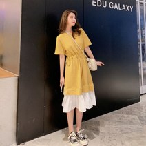 HGD 루즈한 패널 드레스 여성용 여름 중간 길이 스커트 원피스 반팔 롱원피스
