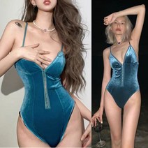 코발트 벨벳 바디수트 / 후크 끈나시 벨로아 올인원
