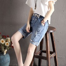 스피소 느리게걷기 여성 청바지 허리 밴딩 데님바지 반바지 5부 고무 바지 봄 여름 가을 패션 캐주얼 바지