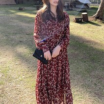 POMTOR 봄 빈티지 티 슬립 레드 쉬폰 원피스