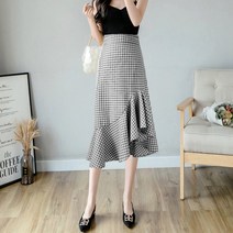 마쿠쿠 깅엄 체크 여성 A라인 언발 머메이드 밴딩 플레어 롱 스커트 치마