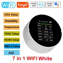 Tuya-7 인 1 다기능 공기질 감지기 7 In PM2.5 TVOC CO2 HCHO 온도 습도 AQI 대기 질 모니터 앱스트, Tuya WiFi 화이트