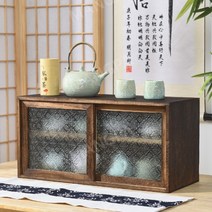 일본식 앤틱 원목 빈티지 그릇장 주방 수납장 그릇장식장 홈카페, 탄 오동나무 XL(유리무늬1호)