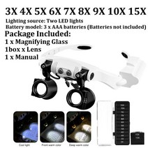 루페 루뻬2LED 헤드 마운트 돋보기 3X 4X 5X 6X 7X 8X 9X 10X 머리띠 라이팅 현미경 3 조명 루페, 02 3X to 15X 2LED