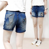 103st 강아지 자수 롤업 4부 스판청반바지