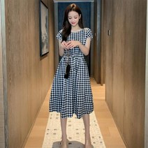 시크온미 고방 깅엄 체크 밴딩 리본 셔링 캡소매 플레어 여름 원피스 ~77