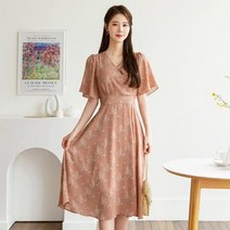 시크라인 서플리스넥 날개 소매 뒷 리본 플레어 원피스