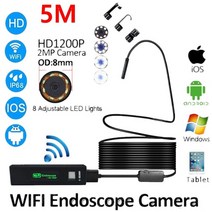 배관내시경 카메라 누수 탐지기 관로 2/5/10M WIFI 내시경 HD 1200P 8mm 8 LED 미니 방수 하드 케이블 검사 아이폰 호환 PC IOS, [05] 10m, [01] Hard Cable