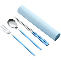 Cooela 한식 스텐 포크 숟가락 + 수저 + 수납함 세트 휴대용, 푸른 색