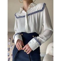 스타일리쉬한 레트로 실크 블루 스티치 봄 여름 블라우스 세련된 결혼식 하객룩 오피스룩