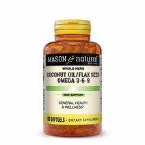 MASON NATURAL 코코넛 오일/아마씨 오메가 369 일반 건강과 웰빙 지원 심장 및 뇌 기능 향상 유기농 허브 보충제 소프트젤 60개 USA 미국, 60 Count (Pack of 1)