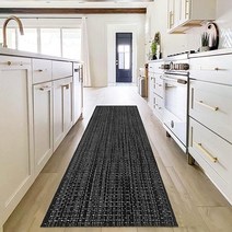 EARTHALL 업그레이드된 보헤미안 러너 러그 61.4 x 243.8cm(2 x 8피트) 그레이 복도 러너 라이트 그레이 100% 우븐 면 세탁 가능 그레이 실내 실외 러, Black