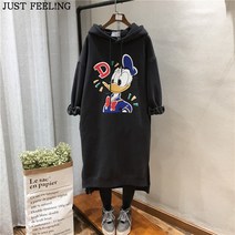 JUST FEEL!NG 여성 롱원피스 빅사이즈 맨투맨 롱맨투맨 봄 가을 캐릭터 후드 무릎 긴팔 트임 맨투맨원피스
