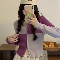아이엠몽 여성용 체커보드 집업 카라 지라이 가디건
