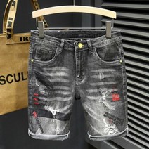 남자청반바지 와이드 흑청 데님반바지 남성 찢어진 구멍 청바지 탄력 스트레이트 무릎 길이 닳은 낙서 그린 스트릿 데님 반바지