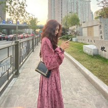 골덴 플라워 패턴 빅사이즈 오버핏 롱 원피스 루즈핏 긴팔