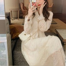 레이스 펀칭 프릴 화이트 데이지투엘 긴팔 하객롱원피스