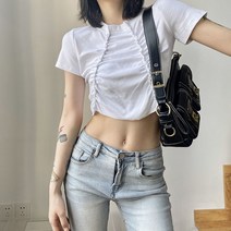 여성 반팔 라운드 크롭 니트티 gagaopt 넥 니트 비대칭 복 탑 여성용
