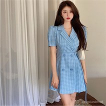 (S-M) 2컬러 체크패턴 카라 브이넥 랩 스타일 벨트 플리츠 미니 스커트 반팔 원피스