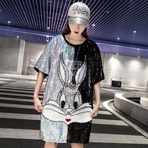 인기신상 여성 힙한바니바니 올스팽글 반팔 롱티셔츠