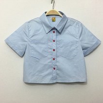 블라우스 패션 여성 반팔 귀여운 하트 모양의 버튼 포켓 짧은 블라우스 여성 셔츠 여름 신제품 2022 블루