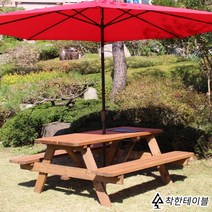 착한테이블 숯불 일체형 바베큐 그릴 포함 원목 야외테이블 세트 파라솔 별매 피크닉테이블, 4인 바베큐 테이블 도토리 도색