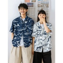 ANYOU 하와이안셔츠 커플셔츠 여름옷 커플룩여행 휴양지룩 오버핏 반팔셔츠 남녀공용