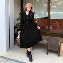 빅 사이즈 여성 겨울 브이넥 버튼 긴팔 원피스
