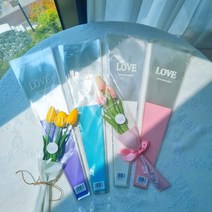 하리움 꽃 한송이 포장지 LOVE 레터링 하프플로드지 OPP 투명 비닐 4컬러 50장, 핑크