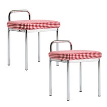 세스카스툴1+1 하운드 체크 실버 프레임 모던 미드센츄리 화장대 보조 의자, 레드1+1