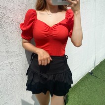 쁘띠 볼륨 밴딩 오프숄더 퍼프소매 셔링블라우스