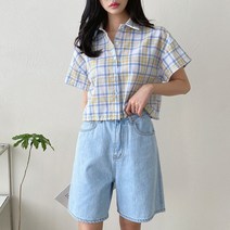 셀러허브(잡화) 여자 여름 린넨 크롭 기장짧은 면남방 반팔 셔츠