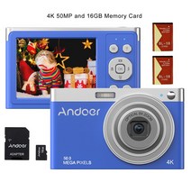 빈티지카메라 Andoer 휴대용 디지털 카메라 4K 50MP 비디오 캠코더 자동 초점 16X 줌 손떨림 방지 얼굴 감지 내장 플래시 배터리 포함, [11] Blue 1 and 16GB, 11.Blue 1 and 16GB