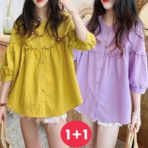 1+1 여자 인형 셔츠 블라우스 쉬폰 7부 티셔츠 루즈핏 여름 라운드티 빅사이즈